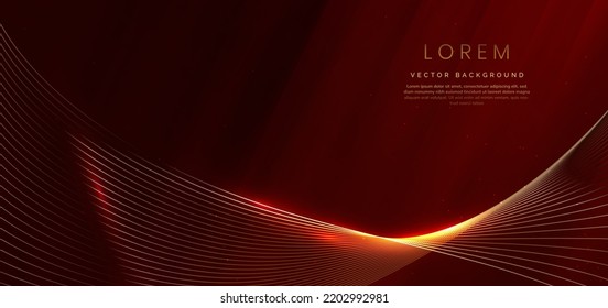 Abstract luxury golden lines curved overlapping on dark red background. Template premium award design. Vector illustration
