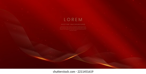 Abstract luxury golden lines curved overlapping on dark red background. Template premium award design. Vector illustration