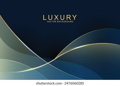 Abstract luxury golden lines curved overlapping on dark blue background. Template premium award design. Vector illustration