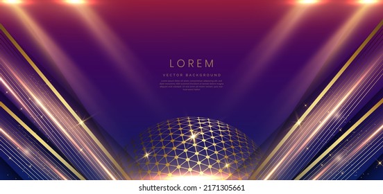 Abstract luxury golden lines diagonal overlapping on dark blue background with lighting effect. Template premium award design. Vector illustration