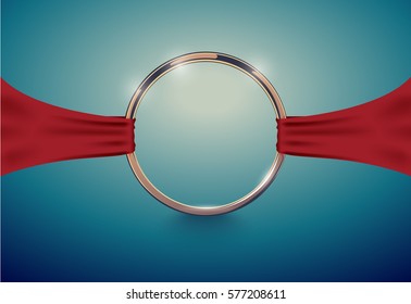 Abstract luxury golden ring with red cloth ribbon. Vector light vintage effect background. Round frame on deep volume turquoise. Space for your wedding message or logo.