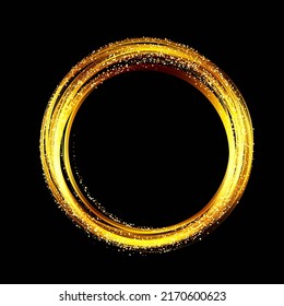 Abstract luxury golden ring. Vector light circles with golden glitter scattered particles. Golden round logo on a black background