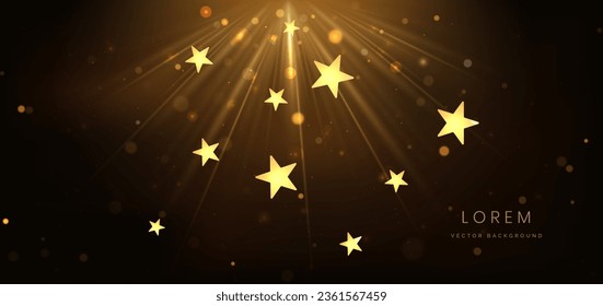 Abstract luxury golden star lighting effect glowing on dark brown background and sparkle. Celebration party happy concept. Vector illustration