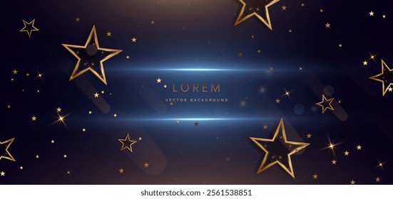 Abstract luxury golden star lighting effect glowing on dark blue background and sparkle. Celebration party happy concept. Vector illustration