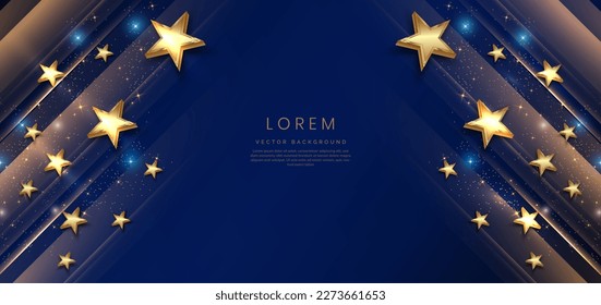 Abstract luxury golden stars on dark blue background with lighting effect and spakle. Template premium award design. Vector illustration