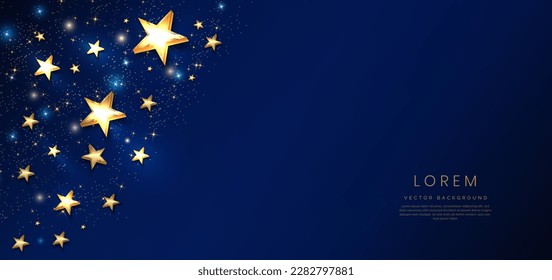 Resumen de estrellas doradas de lujo sobre fondo azul oscuro con efecto de iluminación y brillo. Diseño de premio de plantilla premium. Ilustración del vector