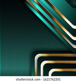 Abstract luxury green background with a combination of golden lines in the form of geometric patterns and horizontal in shape. Futuristic vector shapes design
