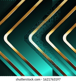 Abstract luxury green background with a combination of golden lines in the shape of arrows and many small circle patterns behind it. Futuristic vector shapes design