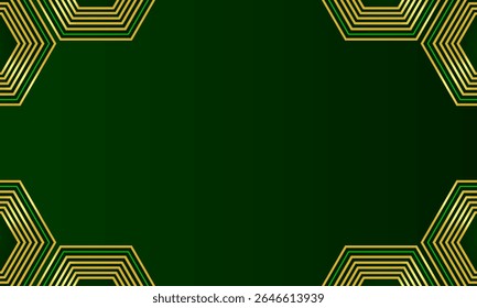 Abstract luxury green background with golden hexagon top and bottom borders and clean layout