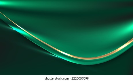 Abstract luxury green fabric satin background with shiny golden line with lighting effect. Vector illustration