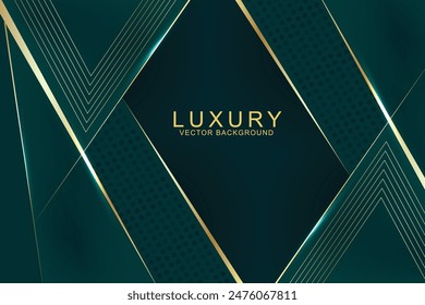 Abstract luxury green geometric diagonal overlay layer background with golden lines