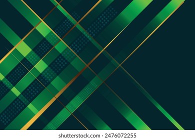 Abstract luxury green geometric diagonal overlay layer background with golden lines