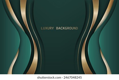 Abstract luxury green and gold curved wavy shapes background