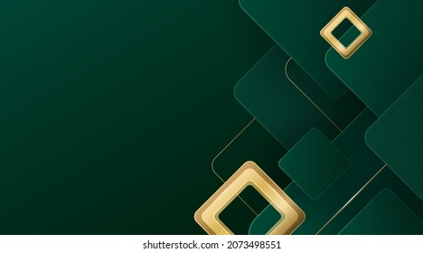 Abstract luxury green gradient geometric pattern background with overlay golden square shapes layer and shadow decoration. Modern geometric shape graphic elements. Luxury and elegant template design