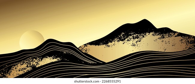Abstract luxury landscape. Minimalist wall art. Golden mountain. Line art background design with grunge texture. Hills with shabby pattern. Vector illustration with gold sunset