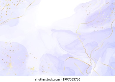 Abstract luxury lavender liquid watercolor background with golden cracks. Pastel violet marble alcohol ink drawing effect. Vector illustration design template for wedding invitation.