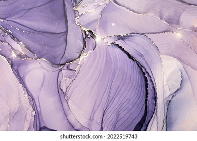 Abstract luxury lavender liquid watercolor background with golden stains. Pastel violet marble alcohol ink drawing effect. Vector illustration design template for wedding invitation.