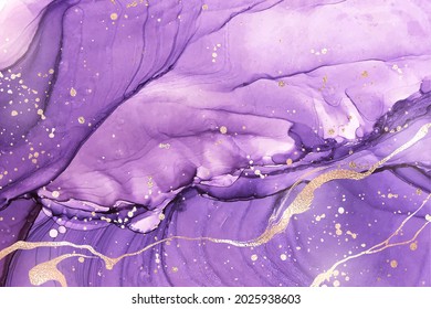 Abstract luxury lavender liquid watercolor background with golden stains. Pastel violet marble alcohol ink drawing effect. Vector illustration design template for wedding invitation.