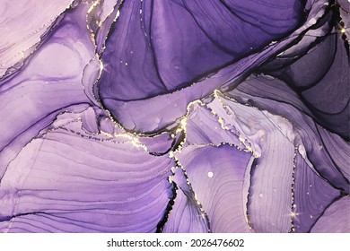 Abstract luxury lavender liquid watercolor background with golden stains. Pastel violet marble alcohol ink drawing effect. Vector illustration design template for wedding invitation.