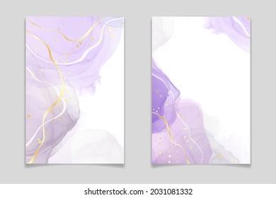 Resumen del fondo acuático líquido lavanda de lujo con grietas doradas. Efecto de la tintas de alcohol de mármol violeta pastel. Plantilla de diseño de ilustración vectorial para invitación de boda.