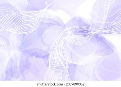 Resumen de fondo acuático líquido lavanda de lujo con puntos dorados y líneas onduladas blancas. Efecto de la tintas de alcohol de mármol violeta pastel. Plantilla de diseño de ilustración vectorial para invitación.