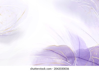 Abstract luxury lavender liquid watercolor background with golden cracks. Pastel violet marble alcohol ink drawing effect. Vector illustration design template for wedding invitation.