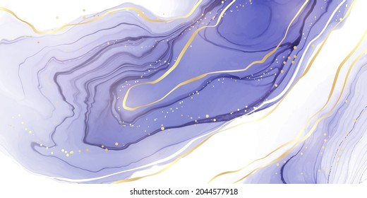 Abstract luxury lavender liquid watercolor background with golden cracks. Pastel violet marble alcohol ink drawing effect. Vector illustration design template for wedding invitation.