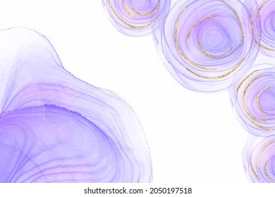 Abstract luxury lavender liquid watercolor looking like roses and golden glitter lines. Pastel violet marble alcohol ink drawing effect. Vector illustration design template for wedding invitation.