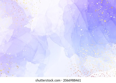 Abstract luxury lavender liquid watercolor background with golden stain brush dots. Pastel violet marble alcohol ink drawing effect. Vector illustration design template for invitation, rsvp, menu.