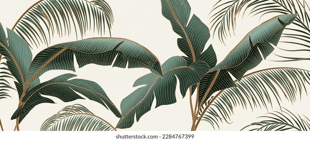 Resumen de fondo lujoso de arte ligero con hojas de palma verdes y doradas. Banner botánico con plantas tropicales para decoración, impresión, textil, diseño interior, papel pintado, empaque.