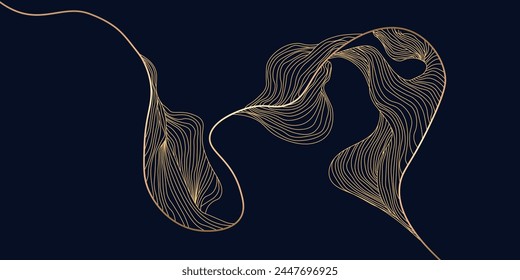 Abstract luxury line pattern, wave gold on black background. Hand drawn floral ornament. Art Deco style. Vector illustration.