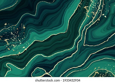 Abstract luxury liquid marble glittered green background. Malachite marbled wave splash effect backdrop. Vector illustration of design template for banner, poster, card, wedding invitation