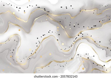 Abstract luxury liquid marble grey background with gold splatters. Golden marbled wave watercolor splash effect backdrop. Vector illustration of design template for wedding invitation.