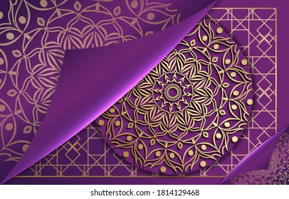 Abstract Luxury Mandala Background Ornament Elegant Wedding Invitation Card Invitation Background Cover Banner, illustration.Vector design in gold, purple color embossed.