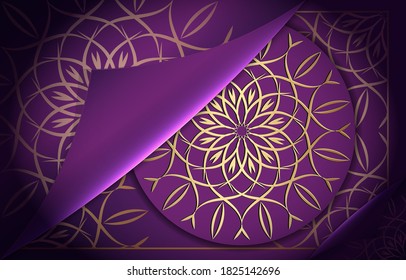 Abstract Luxury Mandala Background Ornament Elegant Wedding Invitation Card Invitation Background Cover Banner, illustration.Vector design in gold, purple color embossed.