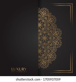 Plantilla de diseño de Mandala de lujo abstracto. diseño dorado en fondo negro , adorno elegante carta de invitación de boda , invitación , portada de fondo ilustración vectorial de banner. 