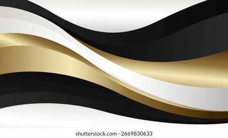 Abstractas fondo de onda metálico de lujo con colores negro, blanco y oro. Conveniente para las Plantillas, los Anuncios, las cubiertas, las ventas, el negocio, los acontecimientos, los premios, las páginas del Web y más