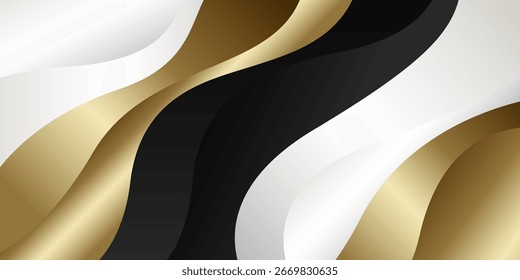 Abstrakter, luxuriöser, metallischer Wellenhintergrund mit schwarzen, weißen und goldenen Farben. Geeignet für Vorlagen, Banner, Cover, Vertrieb, Business, Events, Awards, Webseiten und mehr