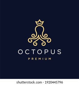 abstract luxury octopus logo with crown icon design in gold color vector illustration isolated on dark background