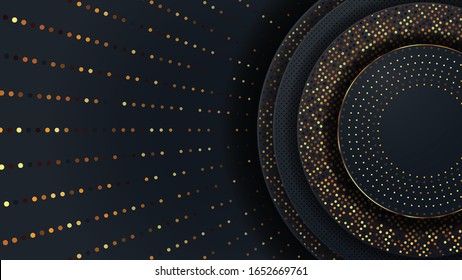 Abstract luxury pattern on dark blue with gold dot background.  Golden particle pattern and round circle in right.