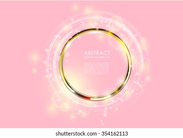 Abstract luxury pink elegant background for invitation. Golden ring frame with tenderness light circle, star trail and spark light effect. Sparkling glowing vip space for your text or logo.