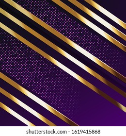 Abstract luxury purple background with a combination of golden stripes and purple sparkle. Modern vector shapes design