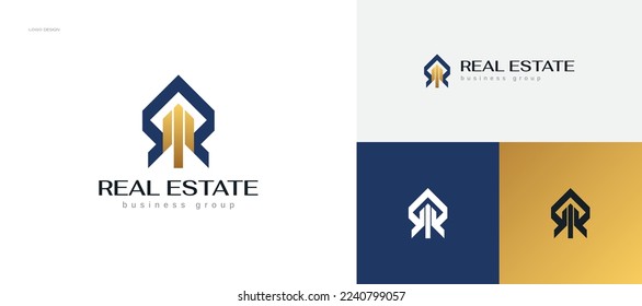 Abstract and Luxury Real Estate Logo Design in Blue and Gold Gradient Style. Construction and Architecture Industry Logo