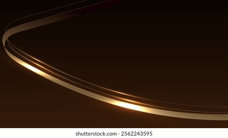 Abstract luxury ribbon lines elements with glowing light effect on brown background. Ribbon gold.