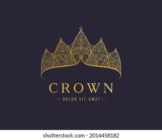 Abstract luxury, royal golden company logo icon vector design. Elegant crown, tiara, diadem premium symbol. Hand drawn lace jewelry, arabic, restaurant, hotel logotype