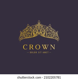 Abstract luxury, royal golden company logo icon vector design. Elegant crown, tiara, diadem premium symbol. Hand drawn lace jewelry, arabic, restaurant, hotel logotype