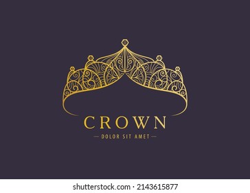 Abstract luxury, royal golden company logo icon vector design. Elegant crown, tiara, diadem premium symbol. Hand drawn lace jewelry, arabic, restaurant, hotel logotype