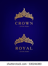 Abstract luxury, royal golden company logo icon vector design. Elegant crown, tiara, diadem premium symbol. Hand drawn lace jewelry, arabic, restaurant, hotel logotype.