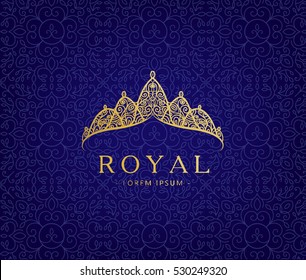 Abstract luxury, royal golden company logo icon vector design. Elegant crown, tiara, diadem premium symbol. Hand drawn lace jewelry, arabic, restaurant, hotel logotype.