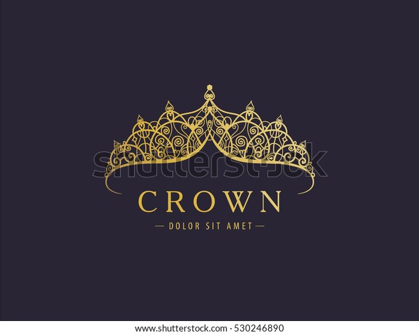 Abstract luxury,
royal golden company logo icon vector design. Elegant crown, tiara,
diadem premium symbol. Hand drawn lace jewelry, arabic, restaurant,
hotel logotype.
